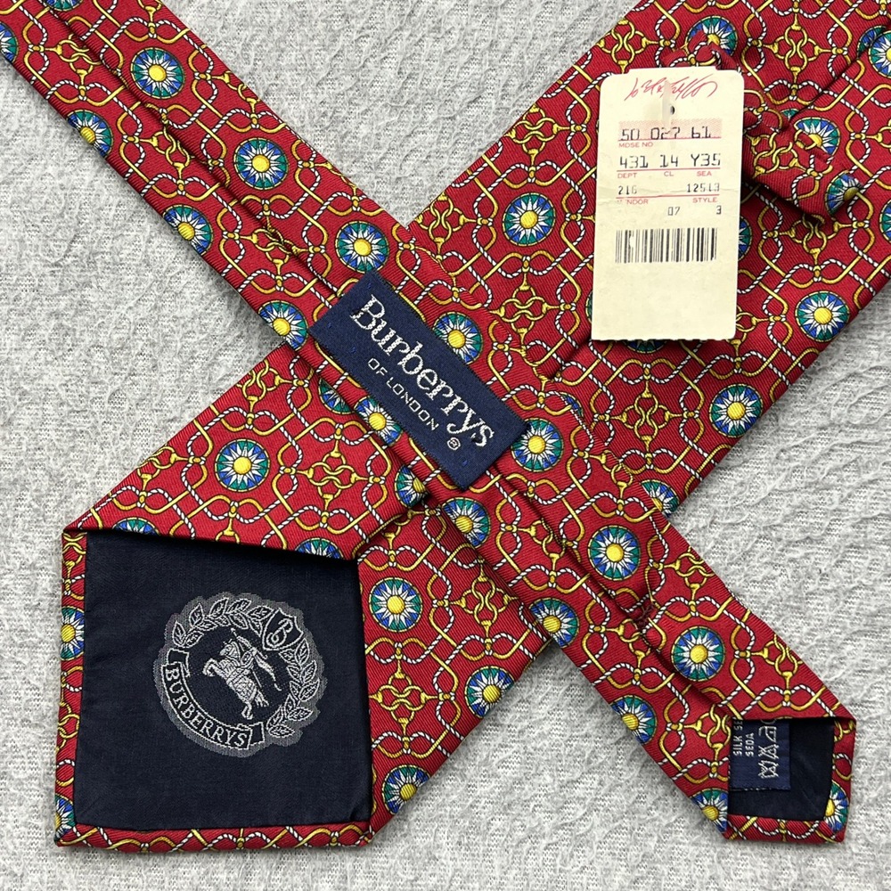 NEW VTG Burberrys London Tie 100% Silk Red Nautical Chain Floral Compass Italy